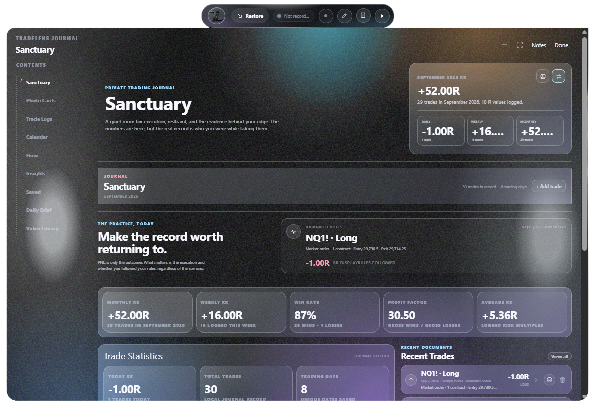 Trade Lens journal dashboard showing PNL and recent trades